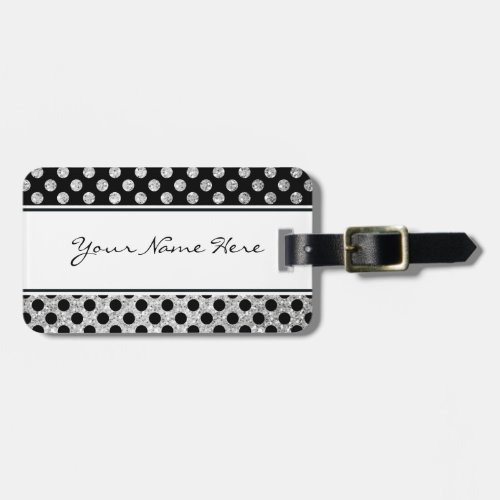 Fancy Modern Silver Glitter  Black Polka Dots Luggage Tag