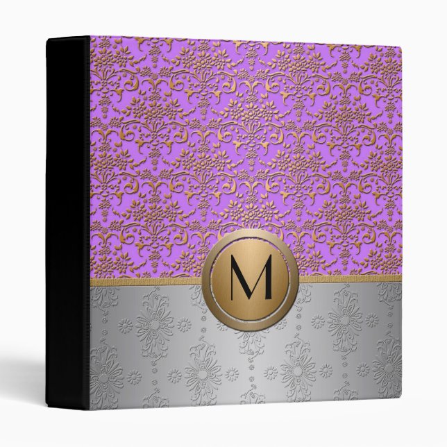 Fancy Monogram Design Periwinkle Purple Gold 3 Ring Binder (Front/Spine)