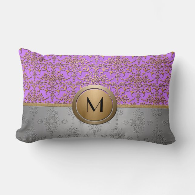 Fancy Monogram Design Periwinkle Purple Gold Lumbar Pillow (Front)