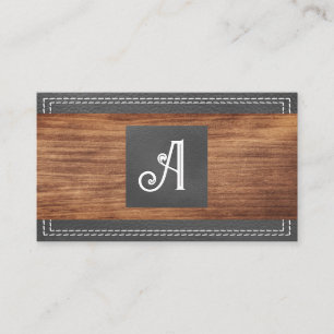 Fancy Monogram Double Stitched Leather Wood Business Card