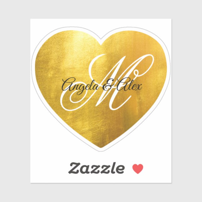 Fancy Monogram Faux Yellow Gold Foil Heart Sticker (Sheet)
