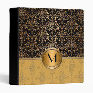 Fancy Monogram Gold and Black Damask Design 3 Ring Binder