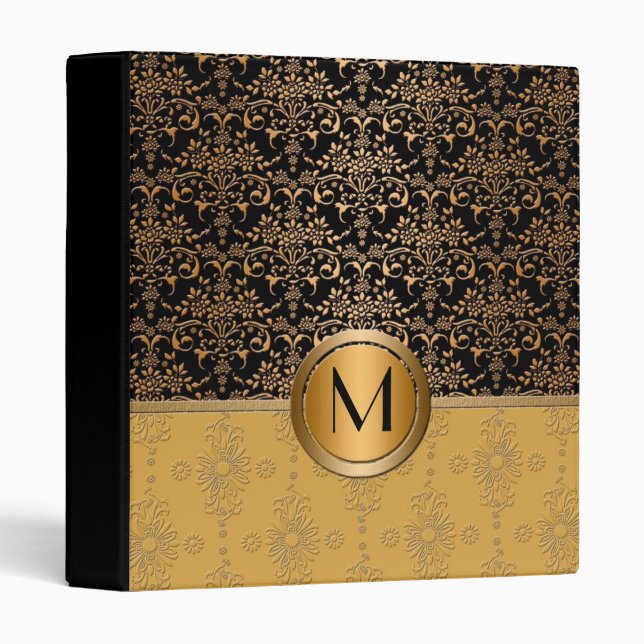 Fancy Monogram Gold and Black Damask Design 3 Ring Binder (Front/Spine)