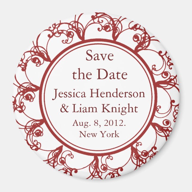 Fancy Monogram Save the Date Magnet red (Front)