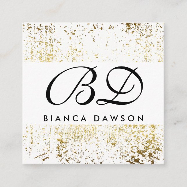 Fancy Monogram Script Gold Grunge Square Business Card (Front)