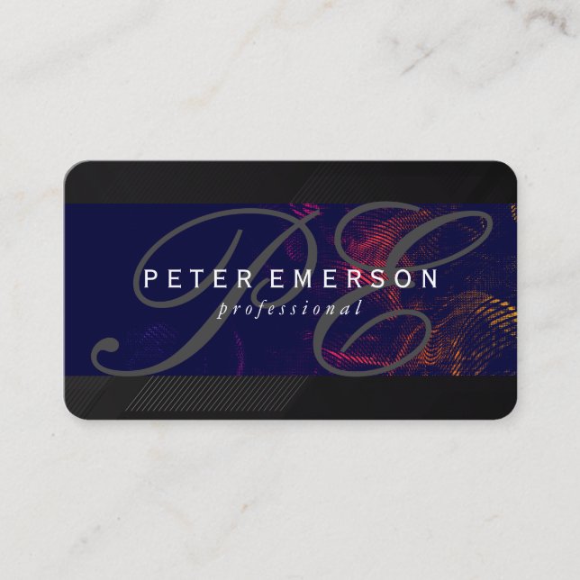 Fancy Monogram Sleek Black Texture Business Card (Front)
