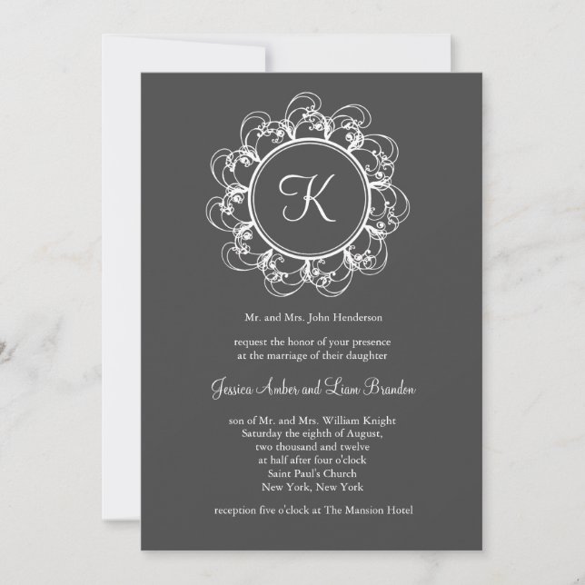 Fancy Monogram Wedding Invitation (gray) (Front)