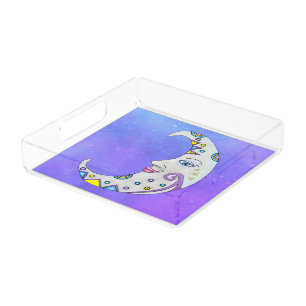 Fancy Moon Decorated With Dots Scrolls Stars Sky Acrylic Tray