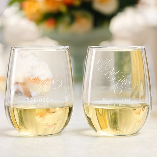 Fancy Mr and Mrs Calligraphy Script Stemless Wine Glass