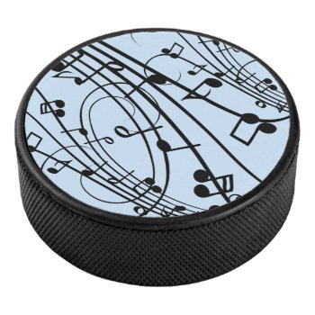 Fancy Music Notes Blue Hockey Puck by LwoodMusic at Zazzle