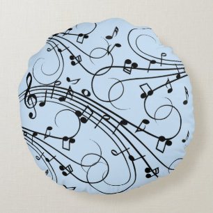 Fancy Music Notes Blue Round Pillow
