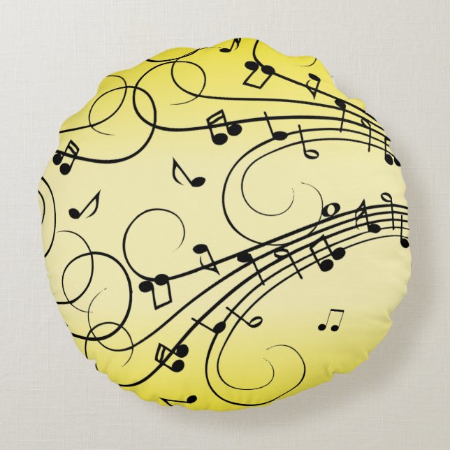 Fancy Music Notes Yellow Round Pillow (Back)