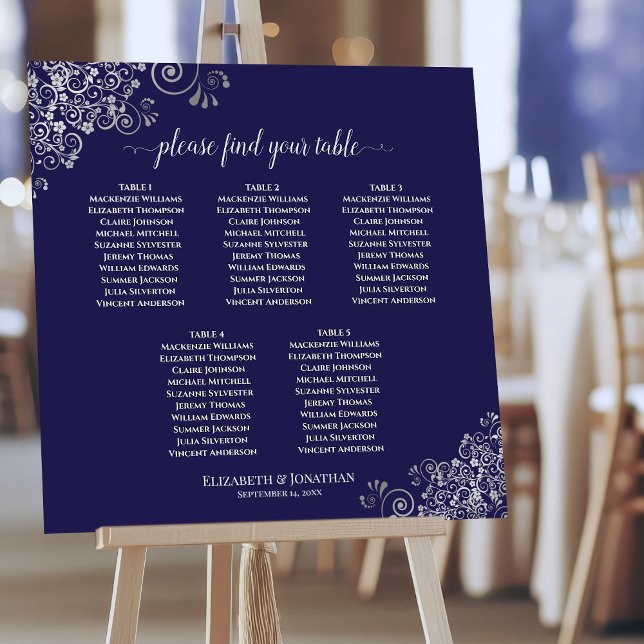 Fancy Navy Blue & Silver 5 Table Seating Chart Foam Board (On Stand at Reception)