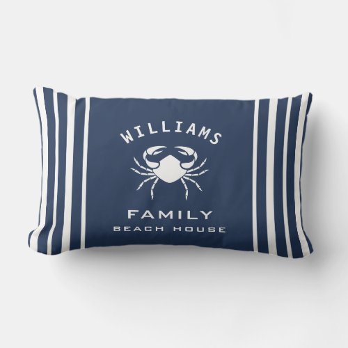Fancy Navy Blue White Crab Family Name Beach House Lumbar Pillow