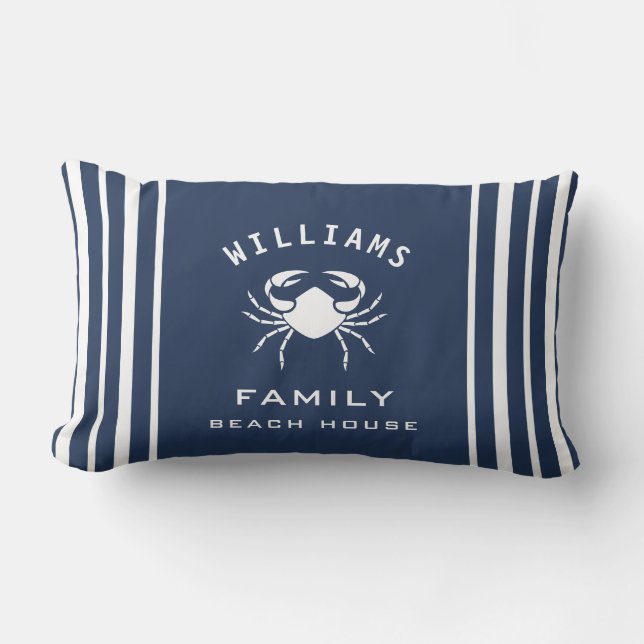Fancy Navy Blue White Crab Family Name Beach House Lumbar Pillow (Front)