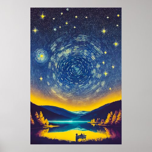 Fancy Nightscape Stars Spiral Retro Painting Poster
