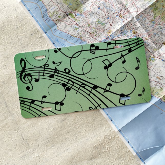Fancy Notes Green Music Design License Plate (In Situ)