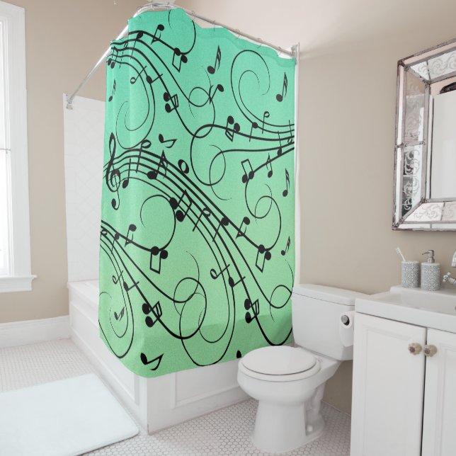 Fancy Notes Green Music Design Shower Curtain (In Situ)
