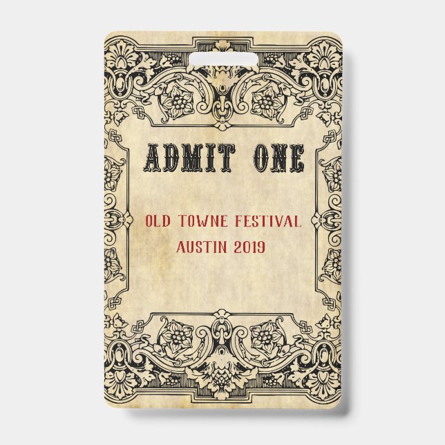 Fancy Old Fashioned Ticket Schedule Badge (Front)
