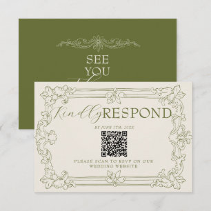 Fancy Olive Green Floral Old Money QR Code Wedding RSVP Card