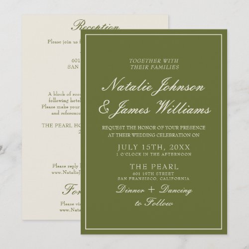 Fancy Olive Green Old Money All In One Wedding Invitation