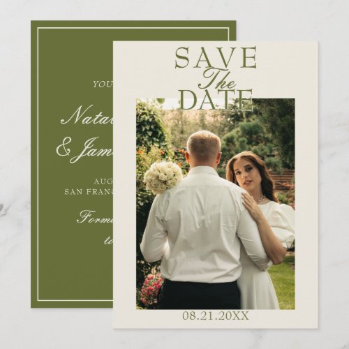 Fancy Olive Green Old Money Photo Wedding Save The Date