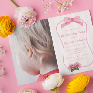 Fancy One Bow Floral 1st Birthday Invitation