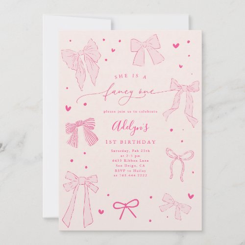 Fancy One Coquette Bow Pink First Birthday Invitation