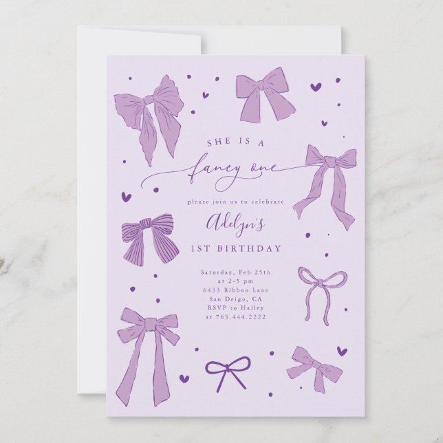 Fancy ONE Coquette Bow Purple Birthday Party Invitation (Front)