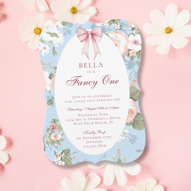 Fancy One Pink Blue Bow Floral 1st Birthday Invitation (Creator Uploaded)