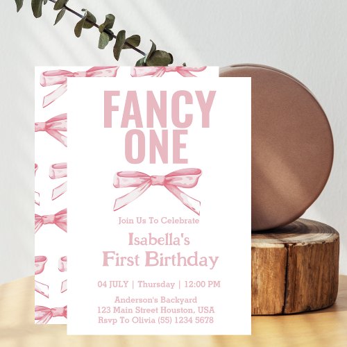 Fancy One Pink Bow Coquette Girl 1st Birthday  Invitation