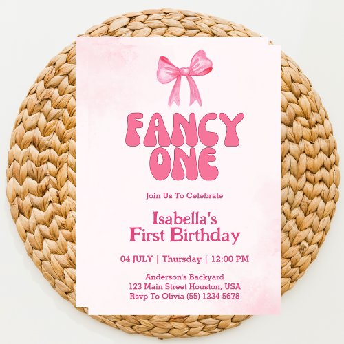 Fancy One Pink Bow Coquette Girl 1st Birthday  Invitation