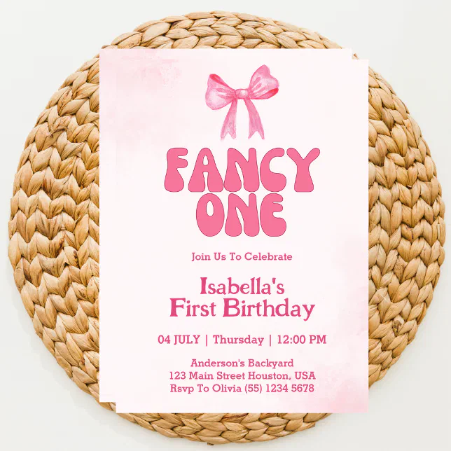 Fancy One Pink Bow Coquette Girl 1st Birthday Invitation | Zazzle