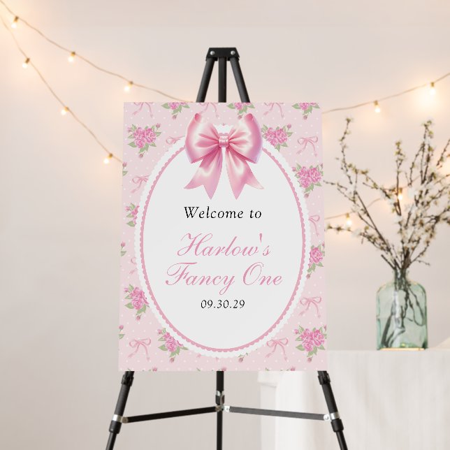 Fancy One Pink Bow First Birthday Welcome  Foam Board (In Situ (Stand))