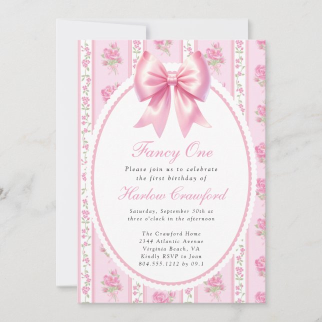 Fancy One Pink Coquette Bow Birthday Party Invitation (Front)