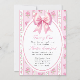 Fancy One Pink Coquette Bow Birthday Party Invitation