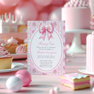 Fancy One Pink Coquette Bow Birthday Party Invitation