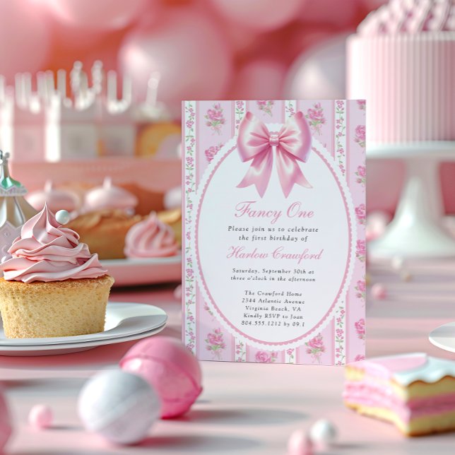 Fancy One Pink Coquette Bow Birthday Party Invitation (Fancy One Girls First Birthday Invitation )