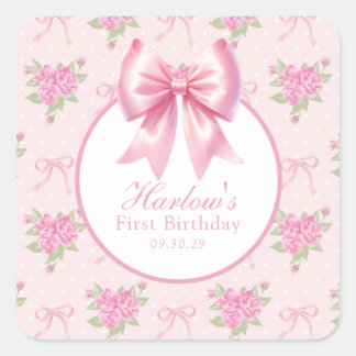 Fancy One Pink Coquette Bow Birthday Square Sticker