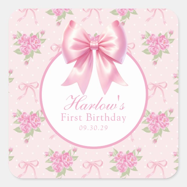 Fancy One Pink Coquette Bow Birthday  Square Sticker (Front)