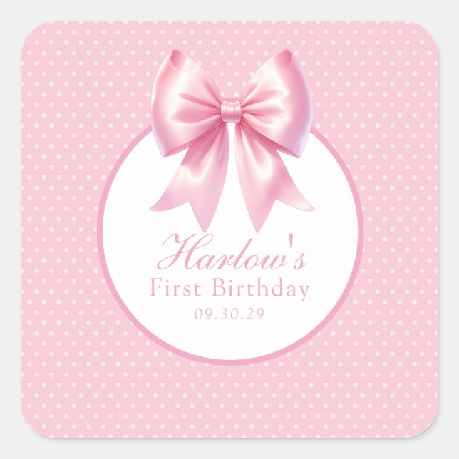 Fancy One Pink Coquette Bow Birthday  Square Sticker (Front)