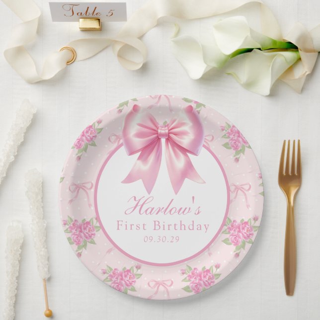 Fancy One Pink Coquette Bow First Birthday  Paper Plates (Wedding)