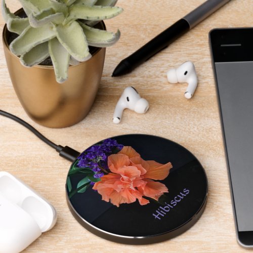 Fancy Orange Hibiscus Flower Elegant Black Wireless Charger