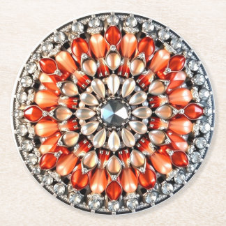 Fancy Orange Jeweled Look Round Paper Coaster