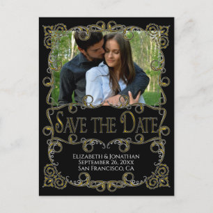 Fancy Ornate Gold & Black Wedding Save the Date Postcard