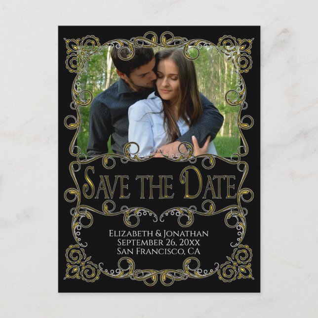 Fancy Ornate Gold & Black Wedding Save the Date Postcard (Front)