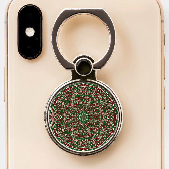 Fancy Ornate Maximalist Groovy Christmas Mandala Phone Ring Stand (Close Up)