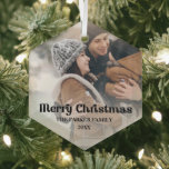 Fancy overlay vintage text Merry Christmas Glass Ornament<br><div class="desc">Merry Christmas Ornament with your photo and black text overlay.</div>