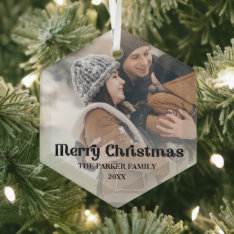 Fancy Overlay Vintage Text Merry Christmas Glass Ornament at Zazzle