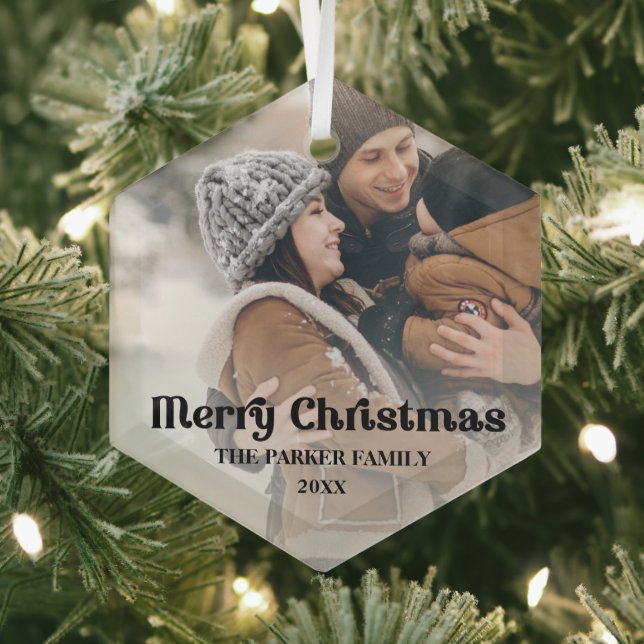 Fancy overlay vintage text Merry Christmas Glass Ornament (Insitu)